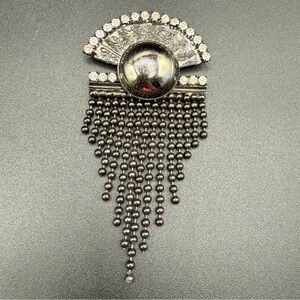 Vintage Art Deco Black Metal Fan Tassel Brooch with Dangly Chain Strands